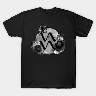 Aquarius Zodiac Horoscope Gothic Black Floral Monogram T-Shirt